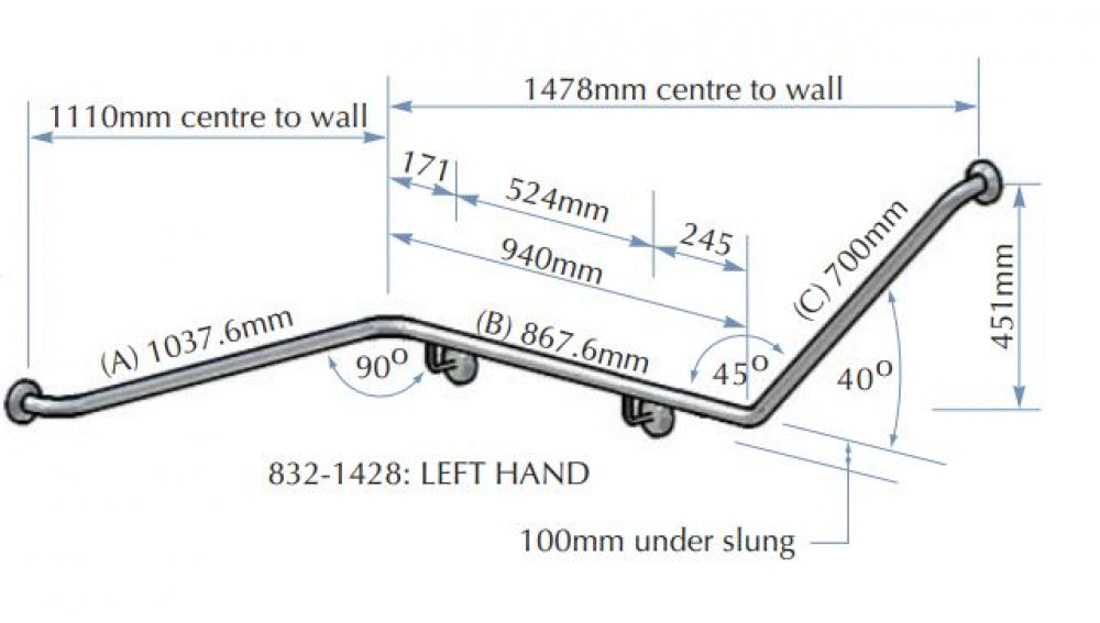 Bradley 832 Corner Toilet Grab Rail 45 Degree Left Hand