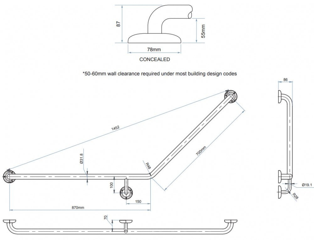 Bradley 832-MB Toilet Grab Rail 45 Degree Left Hand