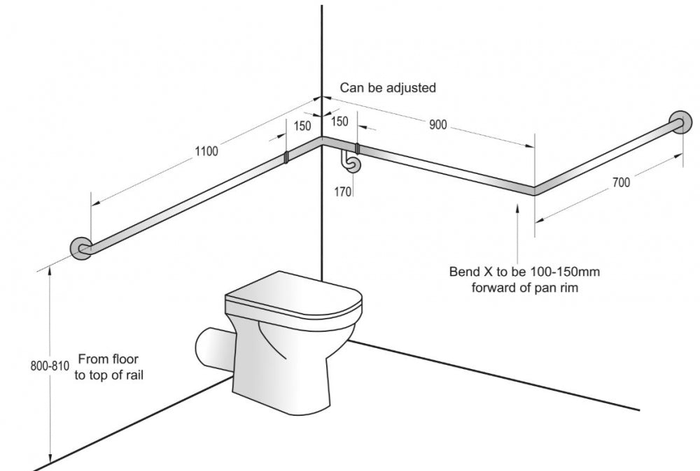 Metlam Modular Toilet Grab Rail Wrap Around 1100 x 900 x 700mm 30 Degree