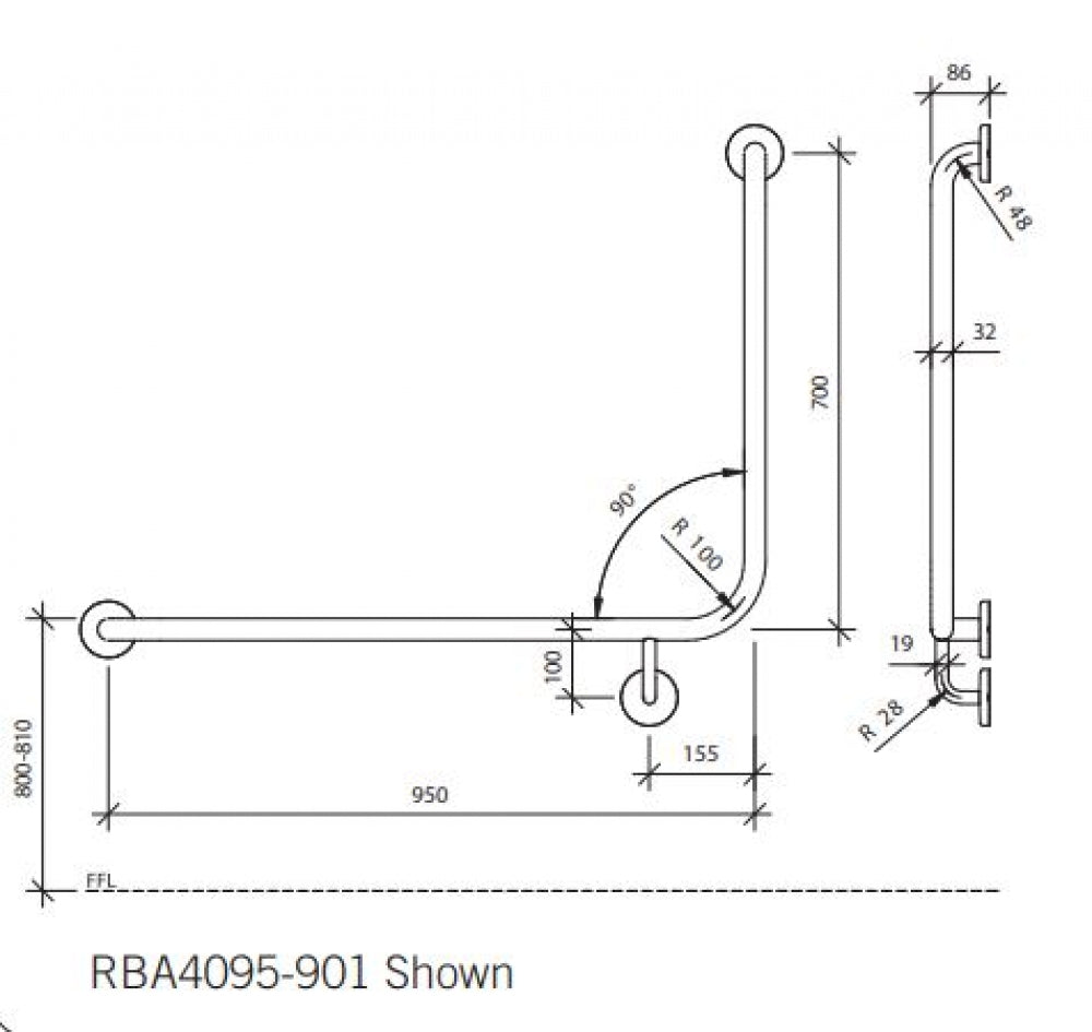RBA RBA4095 90 Degree Toilet Grab Rail