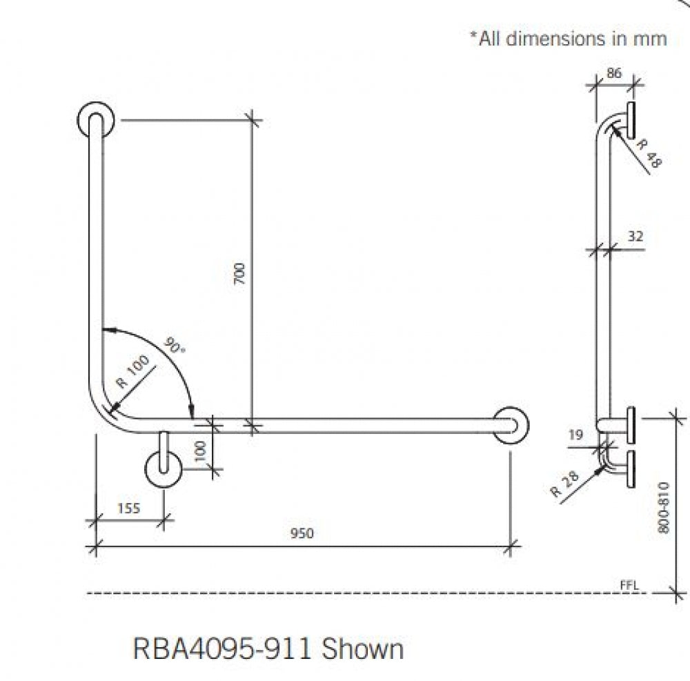 RBA RBA4095 90 Degree Toilet Grab Rail