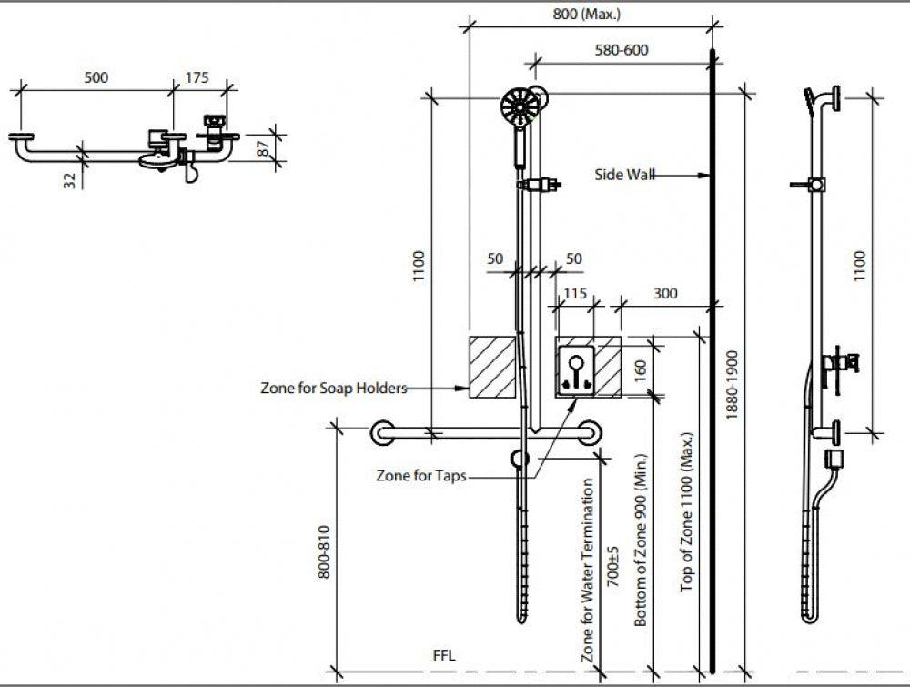 RBA RBA4110-950 5 Star Shower T-Rail Kit and Mixer Right Hand