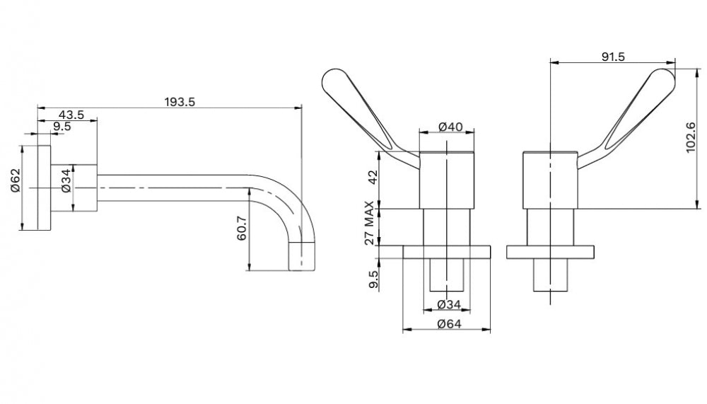 Gentec Cleanline Lever CL10040 Wall Mounted Concealed Mixing Set