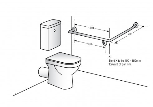 Metlam MLR101 Toilet Grab Rail 840mm x 700mm Left Hand 30 Degree