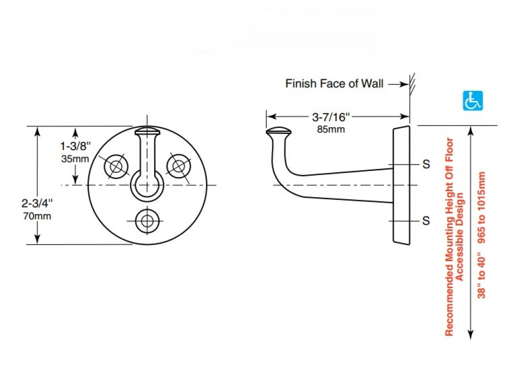 BOBRICK B211 Robe Hook (136kg) Exposed Fixings