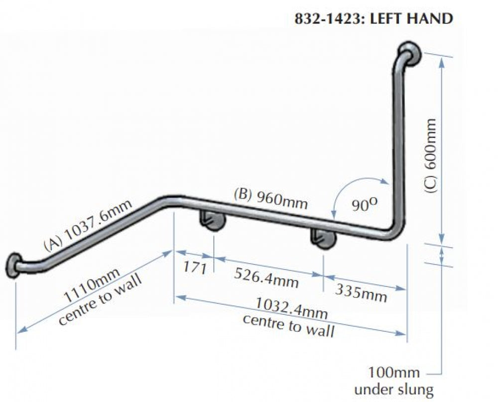 Bradley 832 Corner Toilet Grab Rail 90 Degree Left Hand