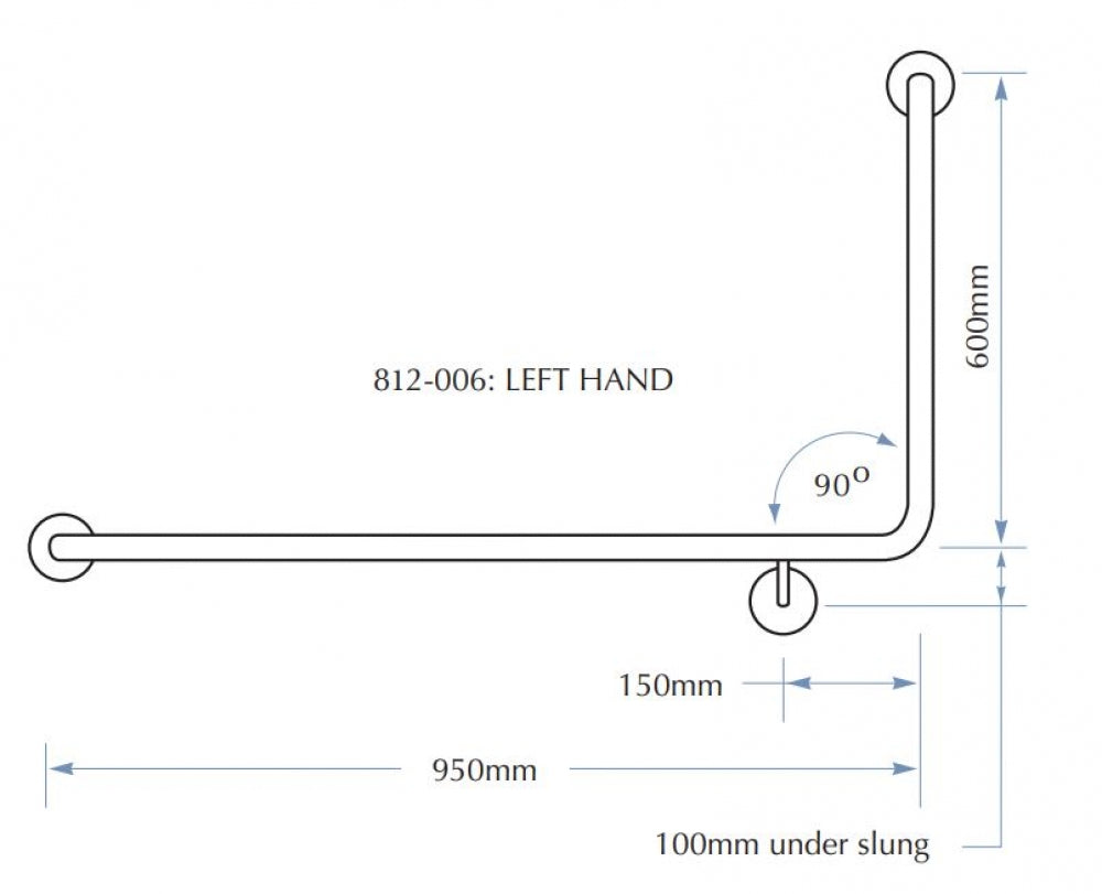 Bradley 812 Toilet Grab Rail 90 Degree Left Hand 38mm Dia