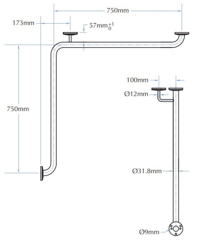 Bradley 832-038 Corner Grab Rail Right Hand