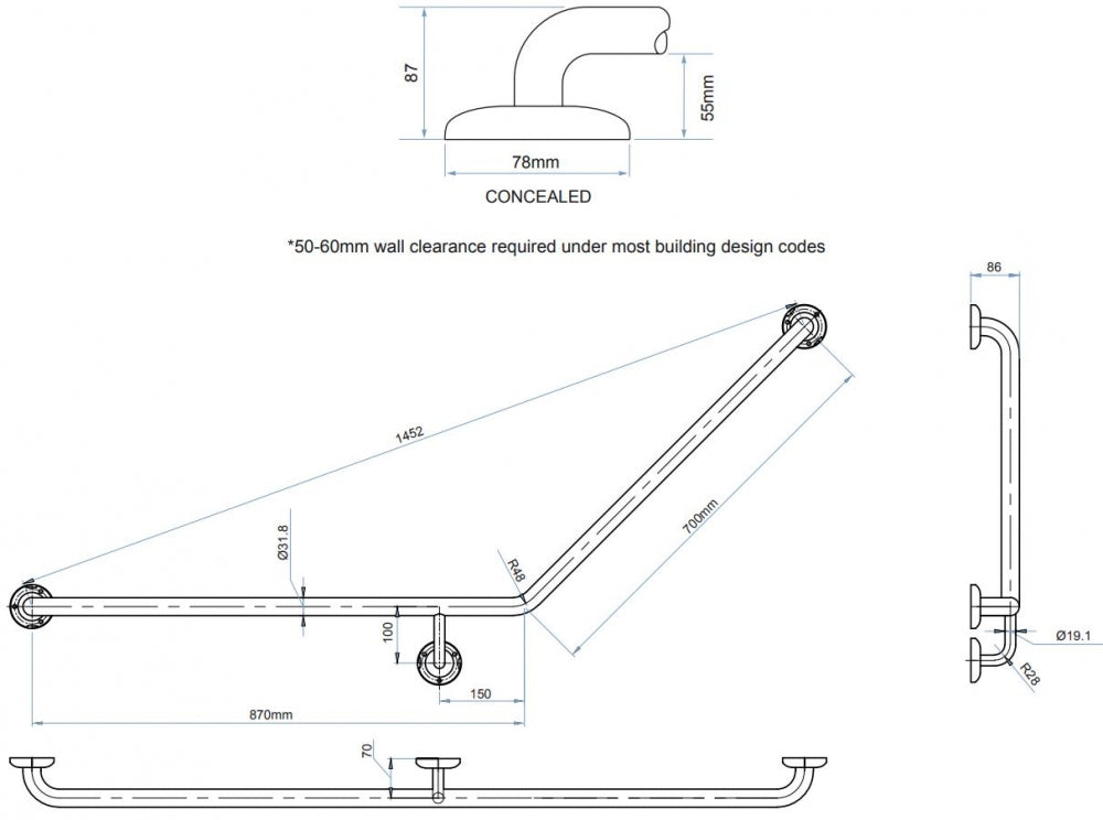 Bradley 832B-4 Toilet Grab Rail 45 Degree Right Hand