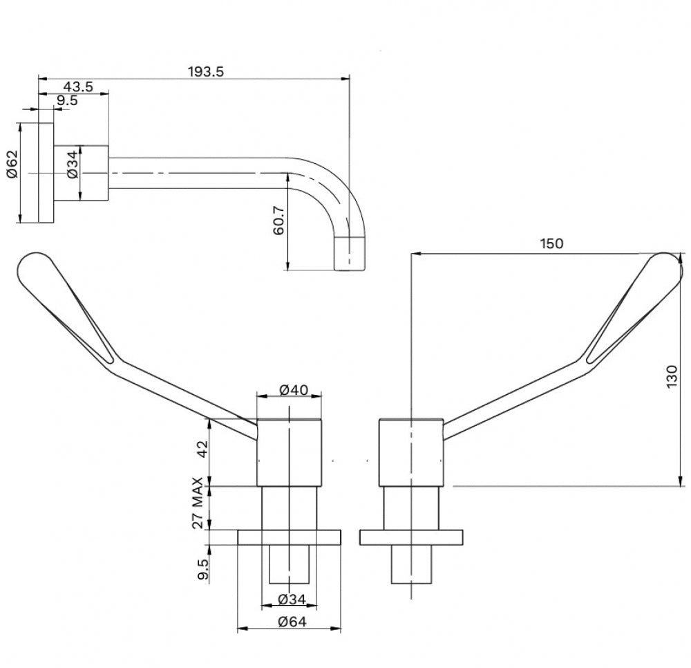 Gentec Cleanline Lever CL15040 Wall Mounted Concealed Mixing Set