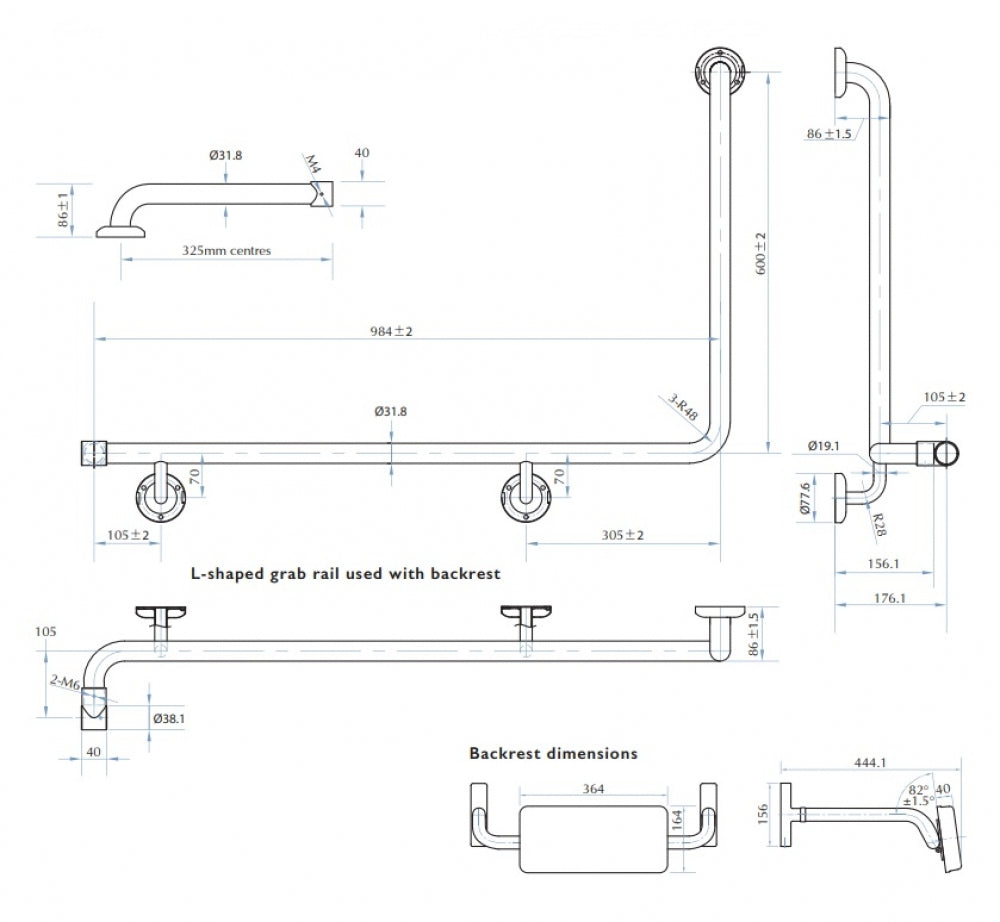 Bradley 8916 Combo Grab Rail and Backrest