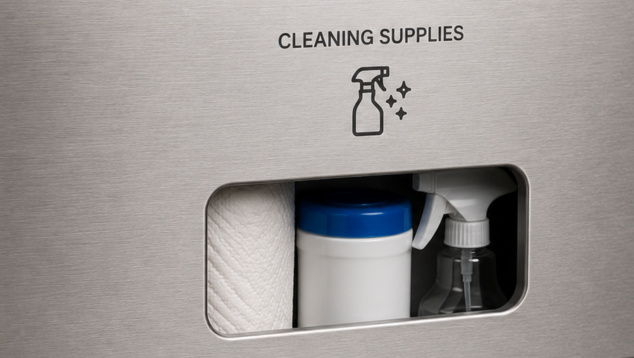 Metallic cleaning supplies dispenser with labeled compartments on a dark background