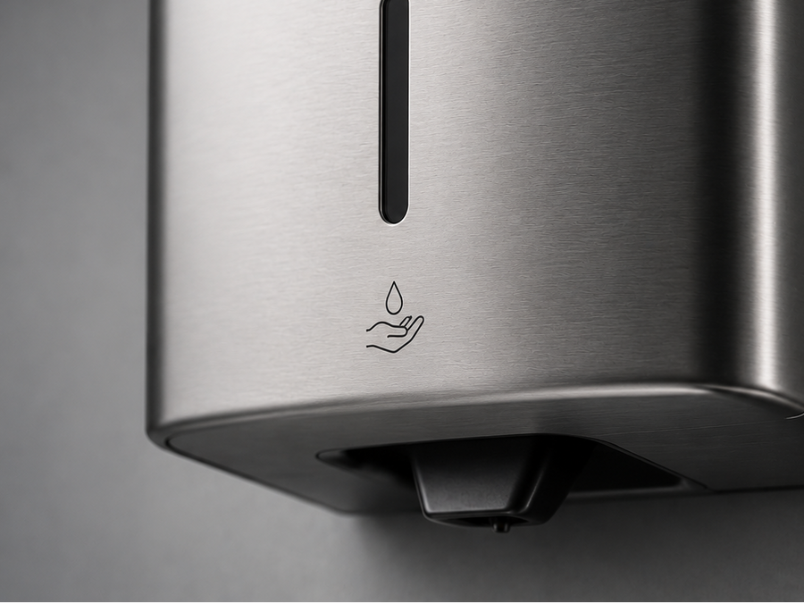 Metallic soap dispenser on a gray background