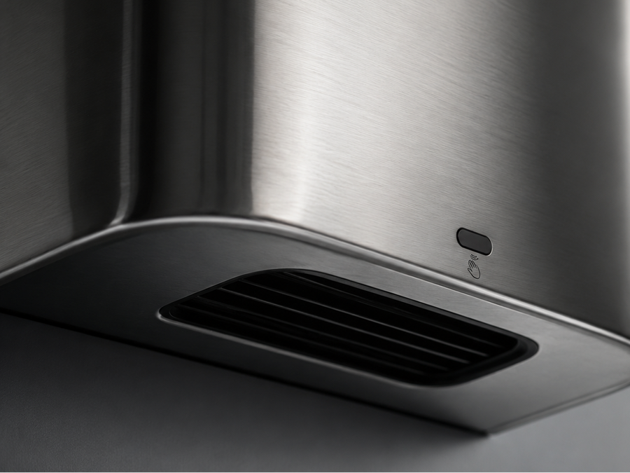 Stainless steel hand dryer on a dark background
