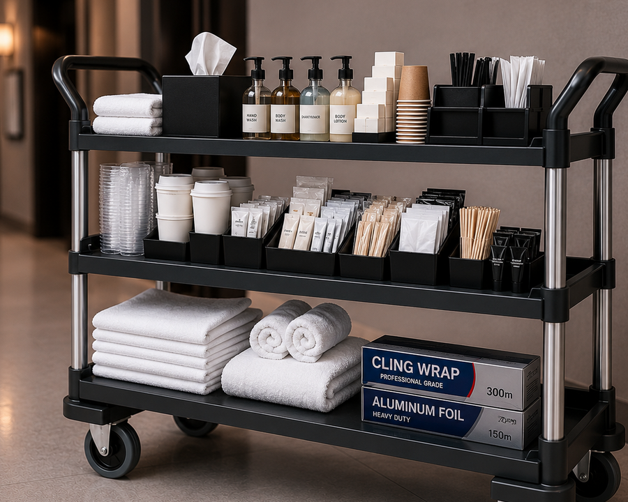 Black utility cart with various supplies in a room setting
