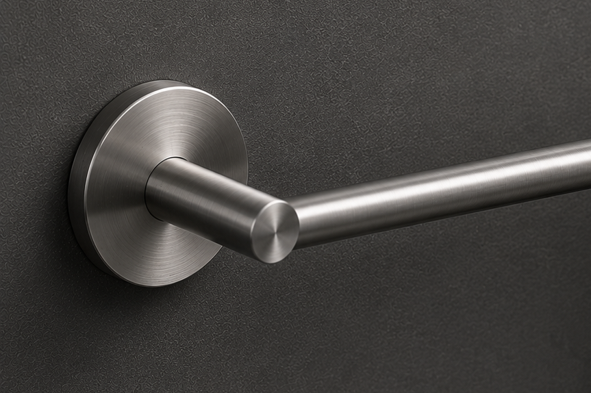 Towel rack with a gray towel on a black wall